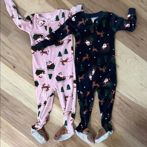 Carter's Santa & Reindeer Footed One-Piece Pajamas - Pink and Navy